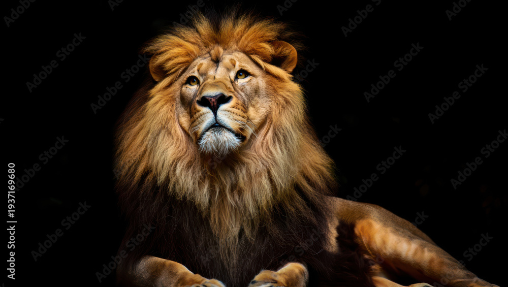 Fototapeta premium Majestic male lion with golden fur and long mane lying down