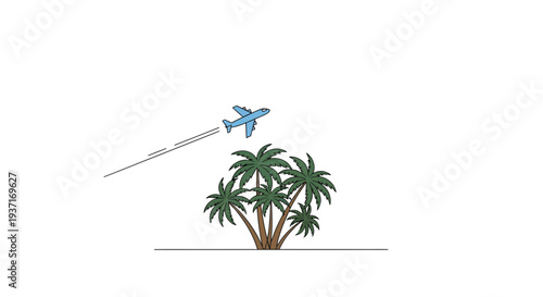 Seamless tropical escape with an airplane gracefully soaring above lush palm trees, symbolizing a swift and relaxing journey to paradise