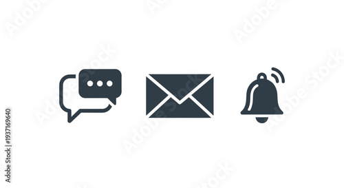 Essential digital communication and alert user interface flat icons set for mobile apps and web design projects, featuring messaging, email, and notification symbols