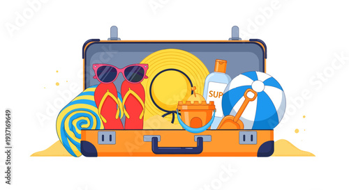 Vibrant open suitcase packed with summer vacation essentials, including sunglasses, a hat, and beach gear, ready for a quick, carefree getaway