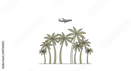 An illustrative aerial view of an airplane flying gracefully above a dense grove of vibrant tropical palm trees, symbolizing serene vacation dreams and adventurous island getaways