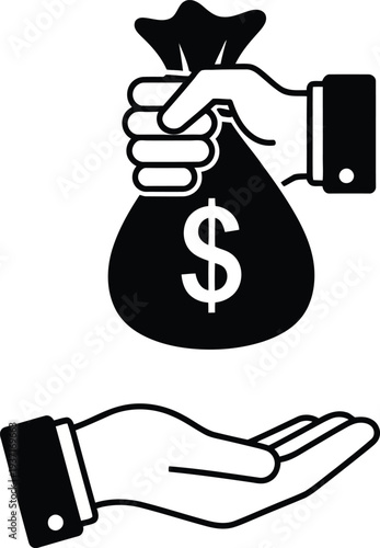 Hand giving money bag to another hand vector icon, loan and financial transaction concept isolated on white background.