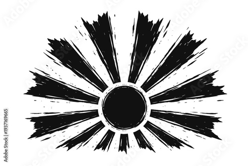 black and white abstract sunburst design element with radial lines and grunge texture effect