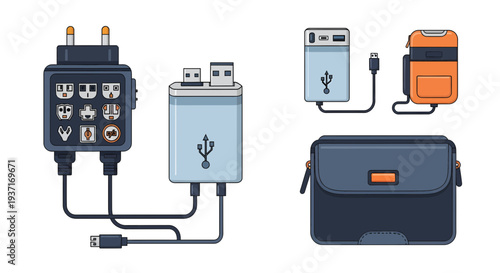 Modern electronic travel kit with universal power adapter, multi-port USB charger, portable power bank, and compact storage bag for charging devices
