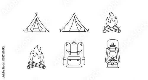 Versatile collection of minimalist line art icons for camping and outdoor adventures, featuring essential gear like tents, campfires, backpacks, and lanterns for nature exploration
