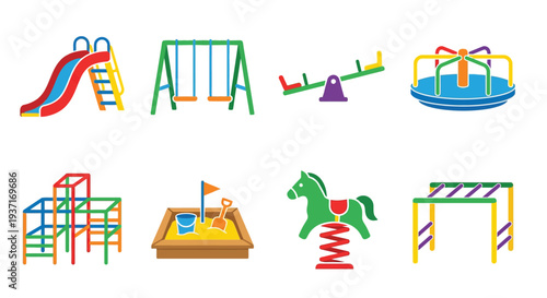 Colorful playground equipment icons arranged in two rows