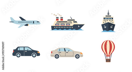 A diverse collection of flat design transportation icons showcasing various modes of travel, including air, sea, and land vehicles, perfect for illustrating global movement and journey concepts