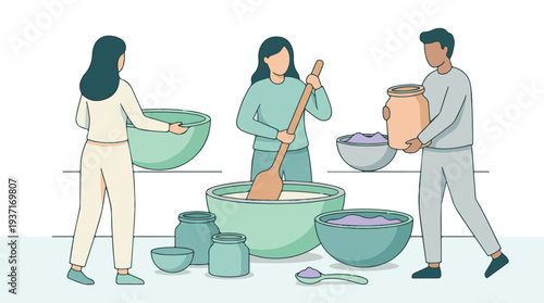 People preparing food together, mixing ingredients in bowls and jars