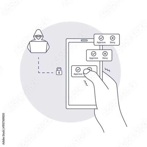 Line icon showing MFA fatigue attack: repeated approval prompts on a smartphone, user pressing approve, and attacker attempting unauthorized access