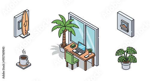 Productive remote work environment illustration with tropical elements Isometric home office setup featuring a laptop, surfboard, and palm tree for a balanced lifestyle