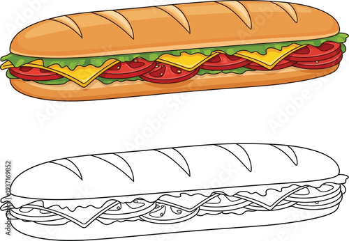 Submarine sandwich vector illustration with tomato, cheese, and lettuce, long baguette deli snack isolated on black background.