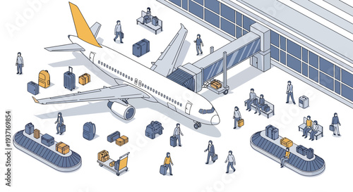 Dynamic isometric airport environment showcasing a commercial airplane connected to a terminal, busy travelers, and efficient baggage handling systems for a seamless air travel experience