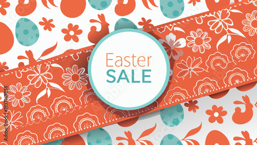 Easter sale banner with orange floral pattern and textured eggs on white background