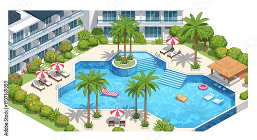 Vibrant isometric illustration of a luxurious resort pool area. Majestic palm trees, comfortable lounge chairs, and modern hotel buildings set a relaxing scene