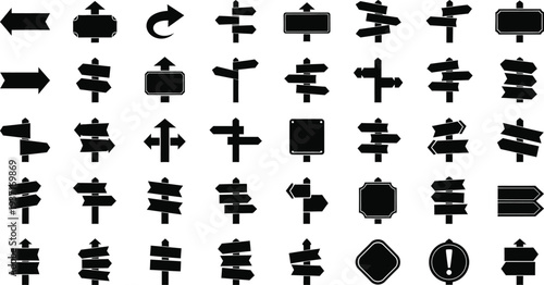 Blank road signage and directional arrow icon set, street navigation and traffic sign silhouettes isolated on white background.