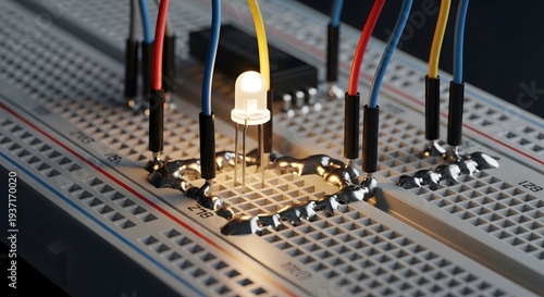 Fotografie Close up of a single white led light on a breadboard, surrounded by connecting w
