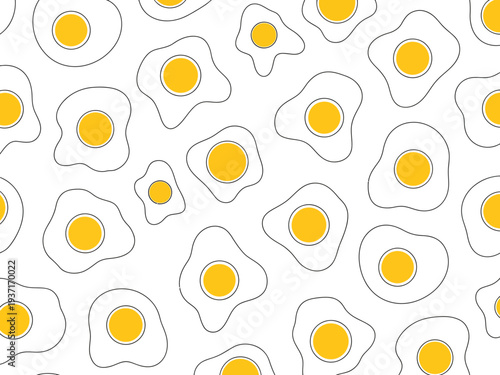 Seamless pattern of simple fried eggs with yellow yolks and white outlines a white background
