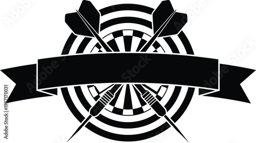Darts and dartboard logo emblem with blank ribbon, professional sport competition silhouette isolated on white background.