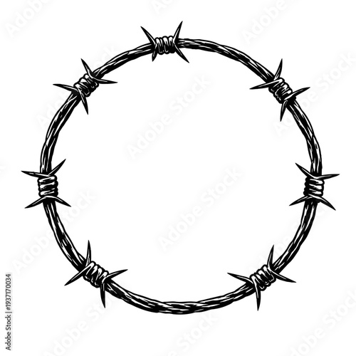 barbed wire circle frame isolated on white background, simple black and white illustration, security and restriction concept