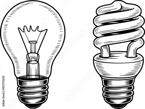 Vintage Incandescent Light Bulb Versus Modern Spiral Fluorescent Lamp energy idea