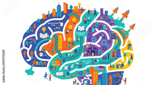 Creative Brain City Concept Solid Color Flat Vector Illustration