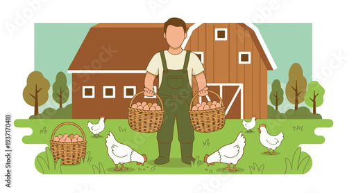 Farmer collecting fresh eggs in baskets on a rural farm with chickens and barn