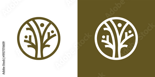 Minimalist tree logo design in a circle with people nature and growth concept.