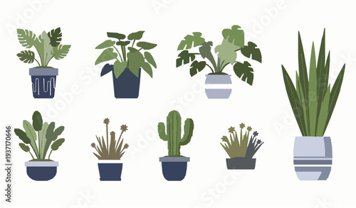 Minimal indoor plant pot collection flat vector illustration for interior greenery decor