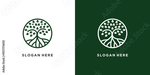 Minimalist tree logo design with roots and leaves in a circle.