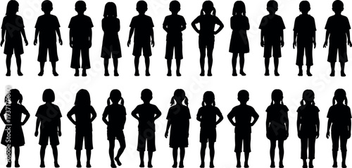 Set of children silhouettes standing in rows including boys and girls in various poses for school youth and childhood concepts
