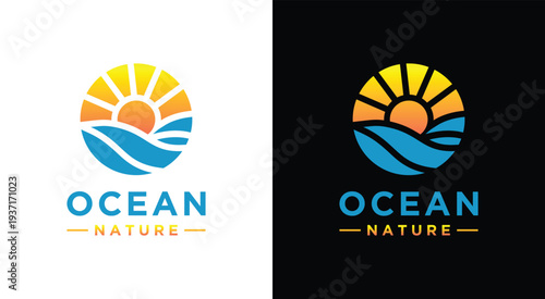 Ocean Nature Logo Design Sun Waves and Circular Emblem 1.