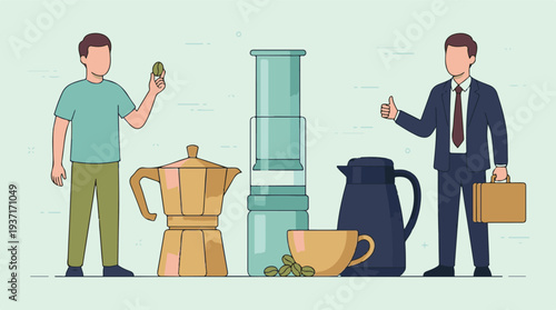 Coffee concept with casual and business men, coffee beans, and brewing tools