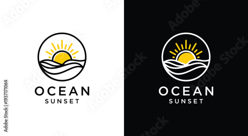 Ocean Sunset Logo Design Minimalist Circle Illustration.
