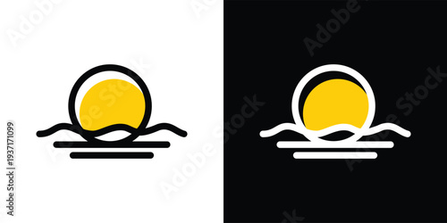Sunrise over the ocean a minimalist logo design with a yellow sun.