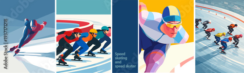 Dynamic speed skating vector poster set featuring professional athletes racing on an ice track. Winter sport competition, style skating, motion, power, teamwork and high speed action.