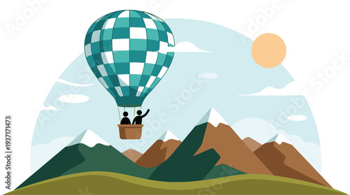 People enjoying a scenic hot air balloon ride above mountain landscape