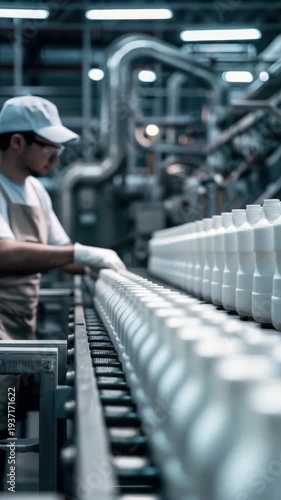 Worker in cap and gloves inspects bottles on assembly line. Industrial pipes loom in background behind conveyor belt. Rows of identical white bottles move steadily forward