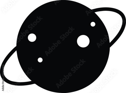 Black silhouette of a ringed dwarf planet with moons, isolated on a white background.