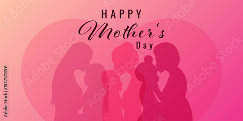 Happy Mother's Day banner with family silhouette and heart shape background. Vector illuasration. Family love concept.