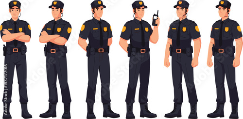 Police Officer Character Set with Different Poses and Walkie Talkie Communication Device Law Enforcement Uniform Vector Illustration Collection