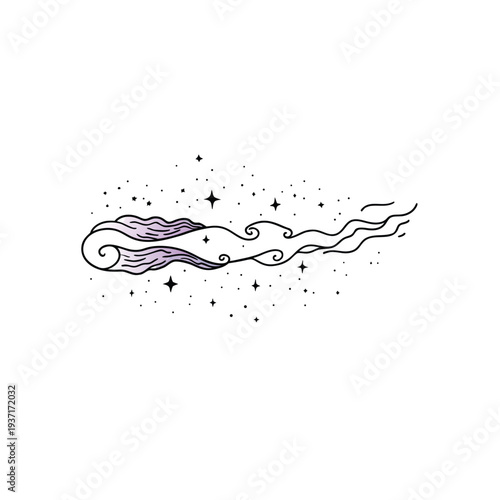 Whimsical purple nebula cloud with stars, hand-drawn vector illustration for cosmic theme