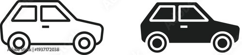 Minimal car icon set with outline and solid silhouette compact vehicle symbols for transportation, automotive apps, UI design, maps, signage, and vector graphic use