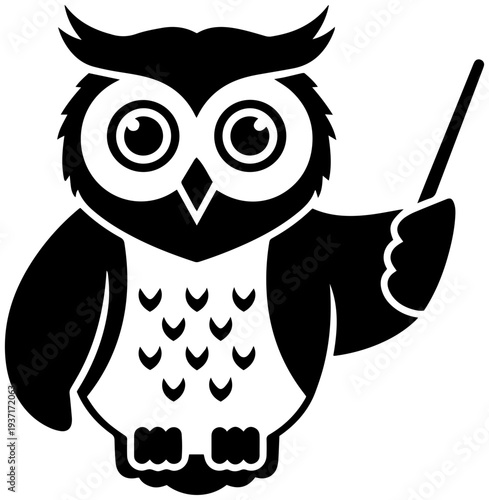 Wise cartoon owl teacher pointing with stick in hand