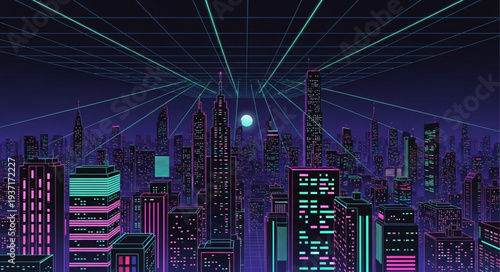 Futuristic Neon Cityscape with Tall Skyscrapers and Digital Lights.