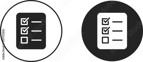 Minimal checklist task icon set with check marks and list items in circular buttons, black and white UI symbol for task management, to do list, planning concept