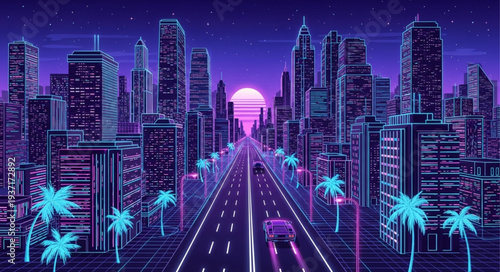Futuristic Neon Cityscape with Bright Lights and Tall Skyscrapers at Night.