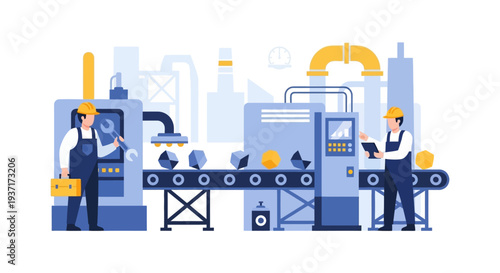 Industrial Factory Production Line with Workers Operating Machinery, Performing Maintenance, and Ensuring Quality Control