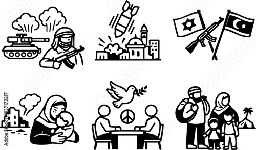 War refugees peace diplomacy conflict icons