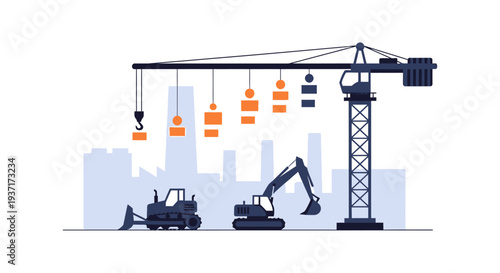 Digital Construction Project: Crane Lifts Data Blocks with Bulldozer and Excavator on City Background