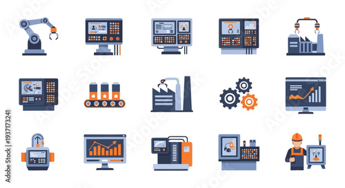 Flat Design Industrial Automation Icons Set: Robotics, Smart Factory, Production Control, and Data Analysis for Modern Manufacturing